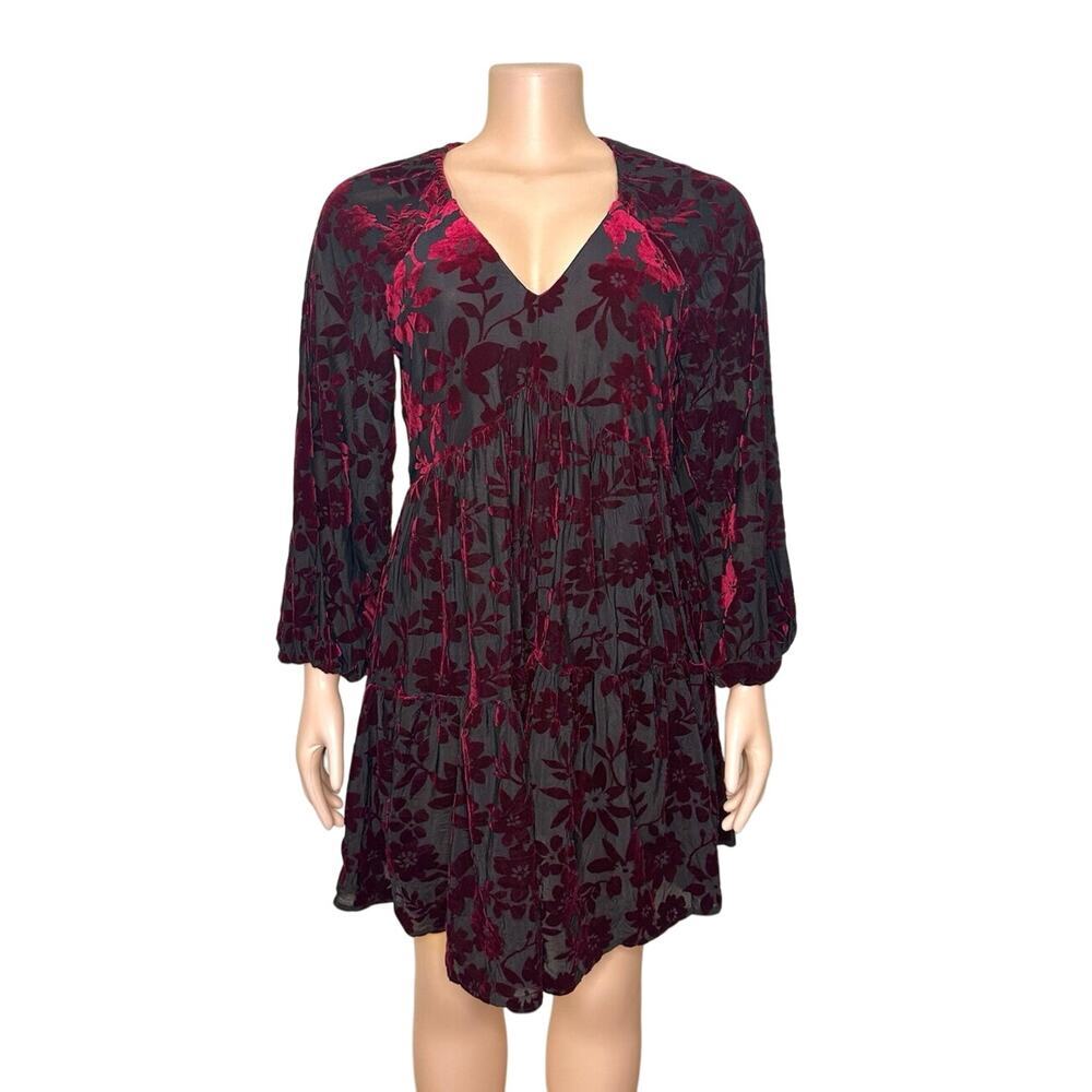 Just‎ Taylor Burgundy Floral 3/4 Puff Sleeves Dress Size 8